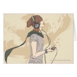 Cartão Música de escuta da jovem mulher