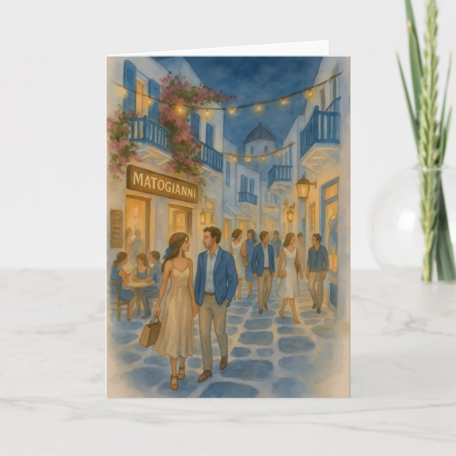 Cartão Mykonos Grécia Watercolor (Frente)