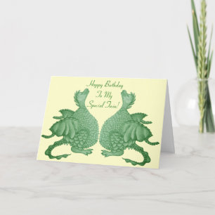 Cartão mythical fantasy creature cute green dragon twins