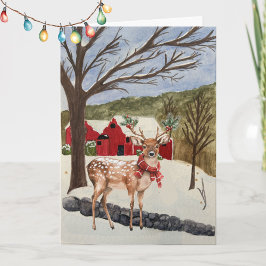 Cartão Na moda Reindeer Watercolor Cena de inverno