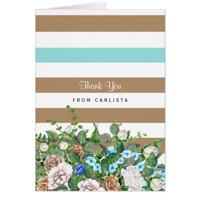 Cartão Na moda Tan e Aqua Floral e Stripes Obrigado (Frente)