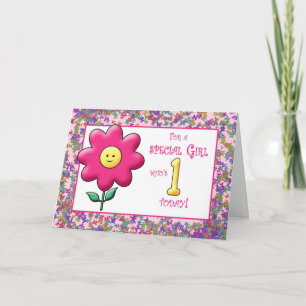 Cartão Na primeira Aniversário, Flor Rosa e