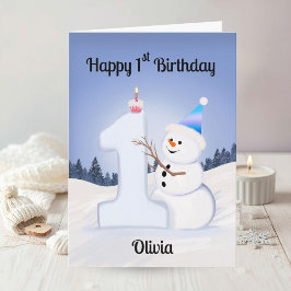 Cartão Name Happy 1st Birthday Snowman Building One