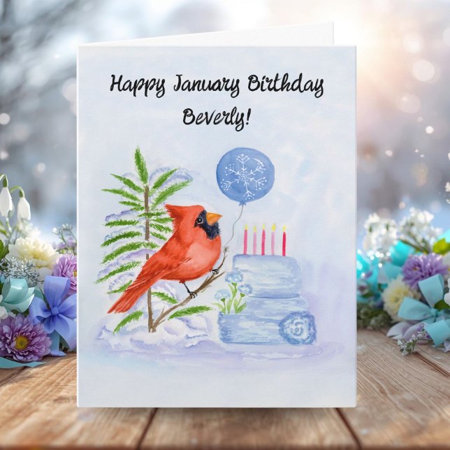 Cartão Name Happy January Birthday Cardinal with Cake (Criador carregado)