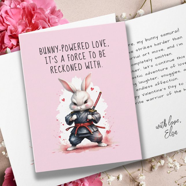Cartão Namorado Bunny Pun Ninja Guerreiro Namorados Rosa (Cute Bunny Ninja Warrior Pink Funny Valentines Card)