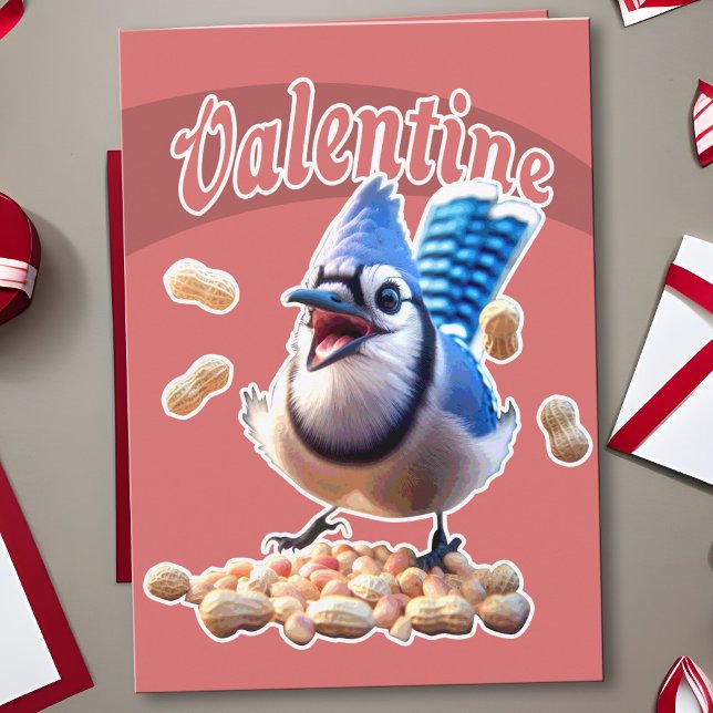Cartão Namorados Azul Engraçado Brincadeira Brincando De  (Funny blue jay & peanuts Valentine's Day card: Crazy bird lover's treat greeting for birdwatchers.)