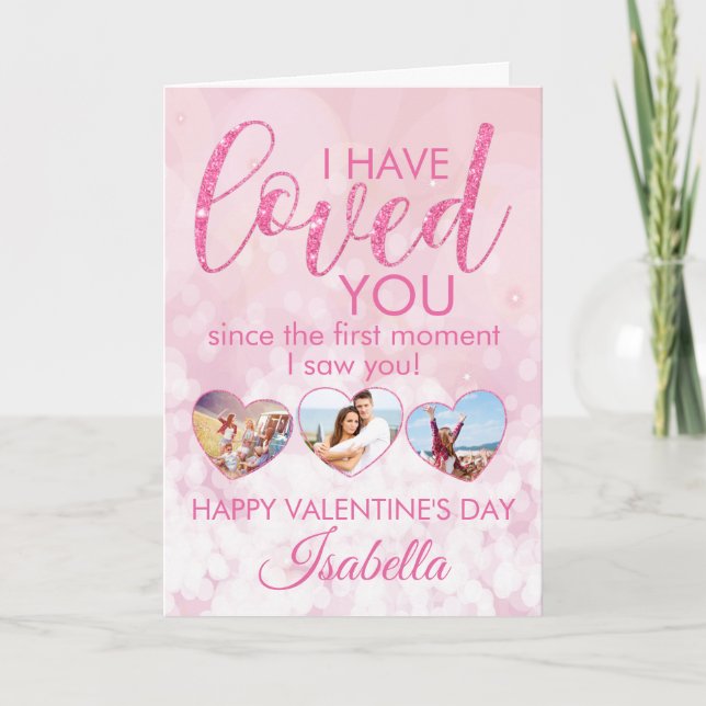 Cartão Namorados Colagem de Fotografias Rosa Girly (Frente)