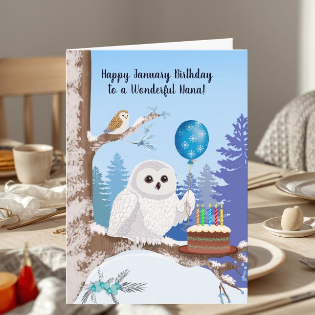Cartão Nana Happy January Birthday Snowy Owl (Criador carregado)