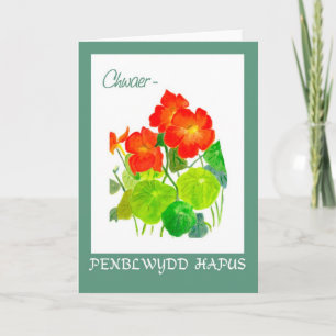 Cartão Nasturtiums Birthday Card: Sister, Welsh Greeting