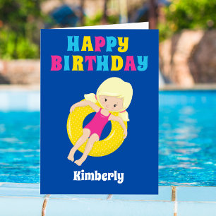 Cartão Natação Blona Menina Fofo Feliz Aniversário Per