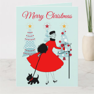 Cartão natais vintages 1950 Lady with Scottish Terrior