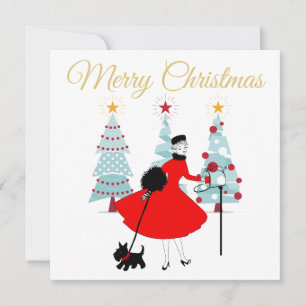 Cartão natais vintages 1950 Lady with Scottish Terrior