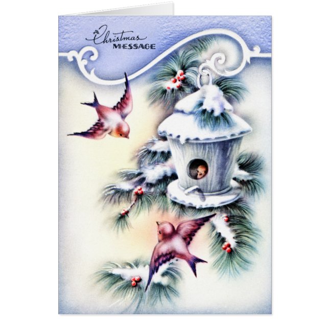 Cartão Natais vintages Aves de Mensagem Azul (Frente)