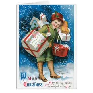 Cartão Natais vintages Com Presentes De Garoto De Neve
