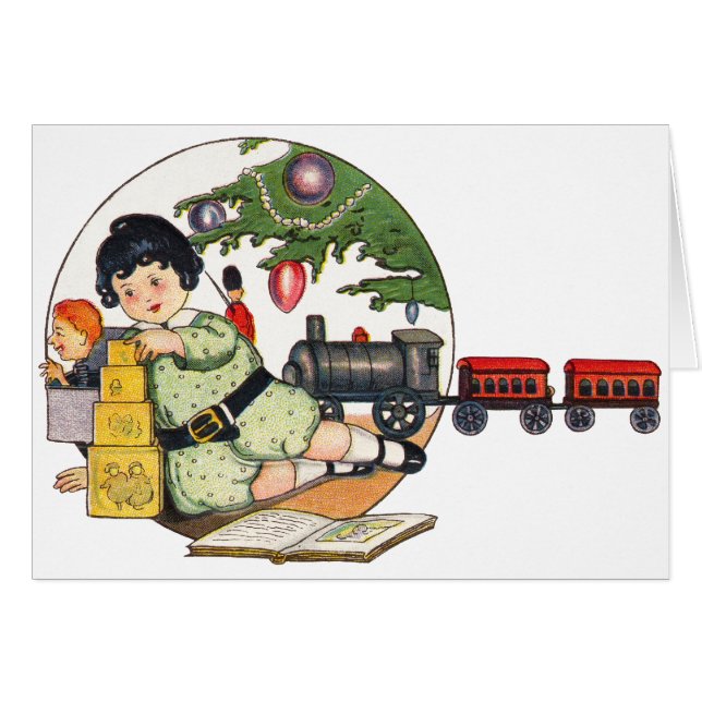 Cartão Natais vintages, Garoto Feliz Brincando com Brinqu (Frente Horizontal)