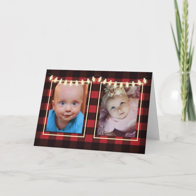 Cartão Natal 2 Fotos Personalizáveis Luzes Vermelhas Pret (Frente)