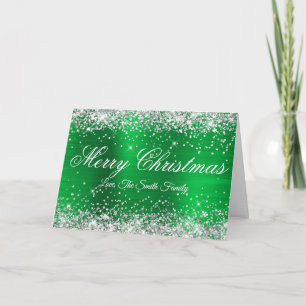 Cartão Natal Alegre Brilho Prateado Verde Folha de Metal