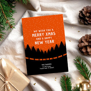 Cartão Natal Alegre Moderno com floresta vermelha e neve