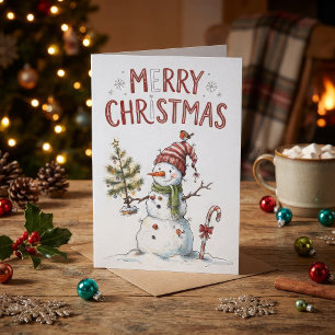 Cartão Natal Antigo Boneco de Neve Aquarela Rústico Verme
