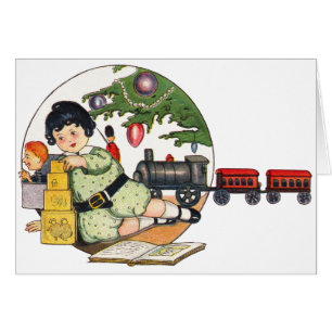 Cartão Natal Antigo, Menino Feliz Brincando com Brinquedo
