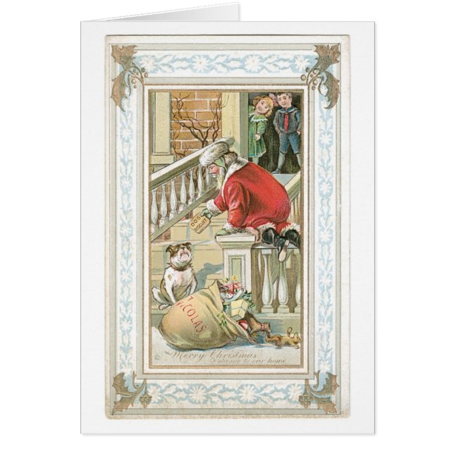 Cartão Natal antigo, Papais noeis e Cachorro (Frente)