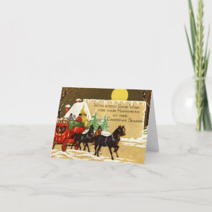 Cartão Natal Antigo Pessoas Cavalgando Uma Carruagem a Ca