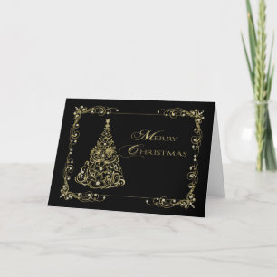 Cartão Natal, Árvore Dourada decorativa em preto