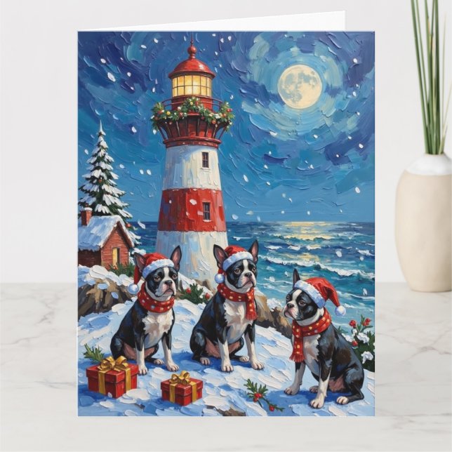Cartão Natal Boston Terrier Farol de Férias (Frente)
