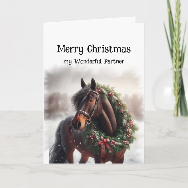 Cartão Natal Brown Horse Maravilhoso Parceiro Wreath (Frente)