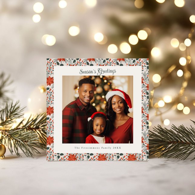 Cartão Natal clássico de Natal de Poinsettia Vermelha (Poinsettia Season Square Christmas Card white)