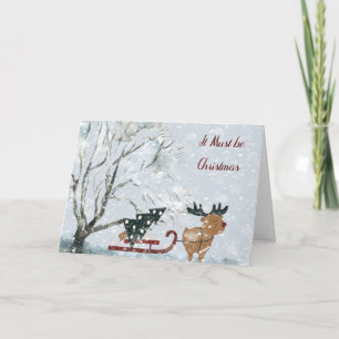 Cartão Natal com Moose Puxando Árvore de Natal