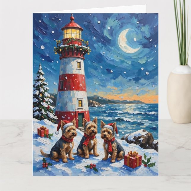 Cartão Natal da Casa de Luz com Yorkshire Terrier (Frente)