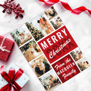 Cartão Natal da Colagem de Fotos da Família Red Monograma