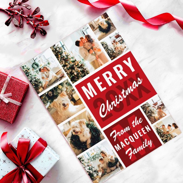 Cartão Natal da Colagem de Fotos da Família Red Monograma (Criador carregado)