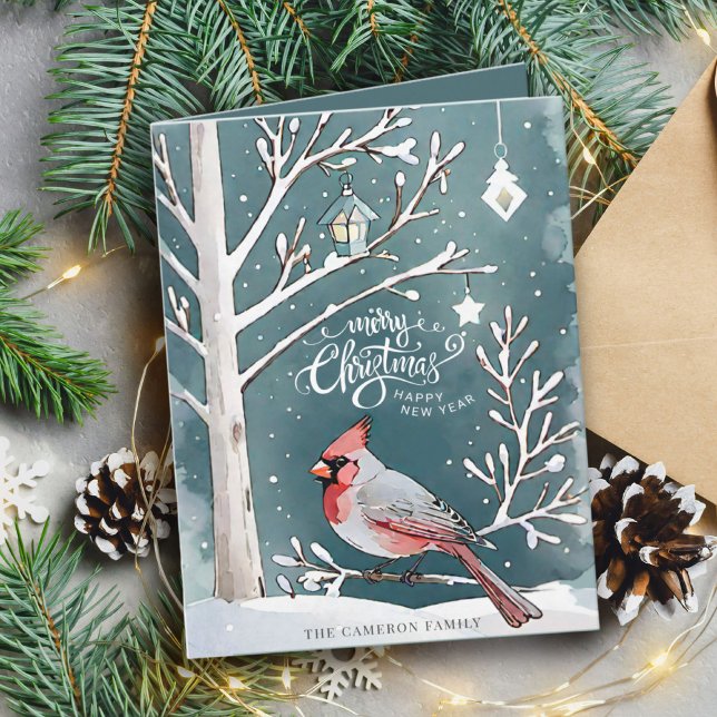 Cartão Natal da Paisagem de inverno do Cardeal Vermelho M (Modern Red Cardinal Winter Landscape Christmas Card)