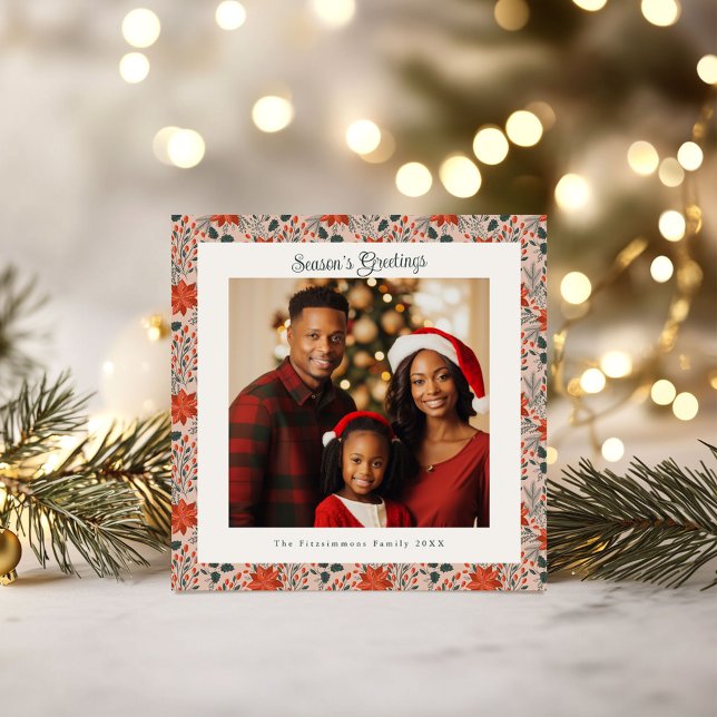 Cartão Natal da Poinsettia Cor-de-Rosa Moderna (Poinsettia Season Square Christmas Card blush pink)