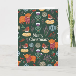 Cartão Natal de Arte Folclórica Escocesa Highland Coo & T