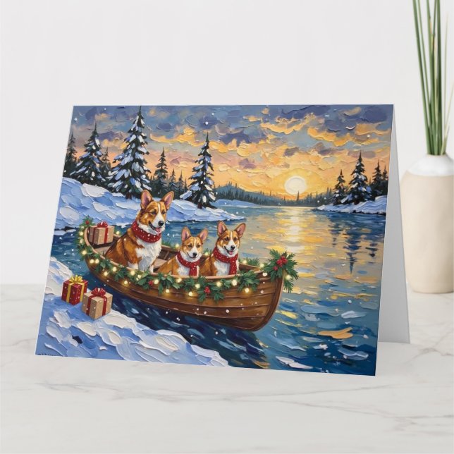 Cartão Natal de barco do Corgi (Frente)