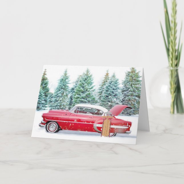 Cartão Natal de Carro Vermelho Vintage (Frente)