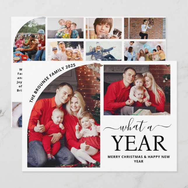 Cartão Natal de Colagem de Fotos Múltiplas por Ano (Frente/Verso)