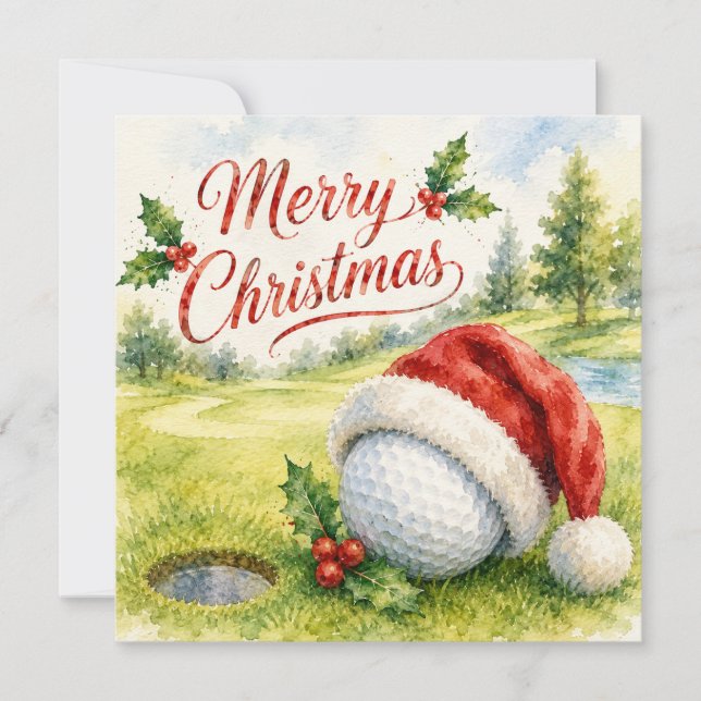 Cartão Natal de golfe com bola de golfe com decoração de  (Frente)