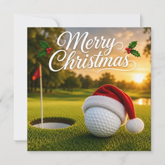 Cartão Natal de golfe com bola de golfe em grama verde (Frente)