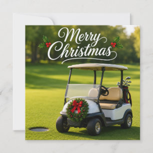 Cartão Natal de golfe com carrinho de golfe em grama verd