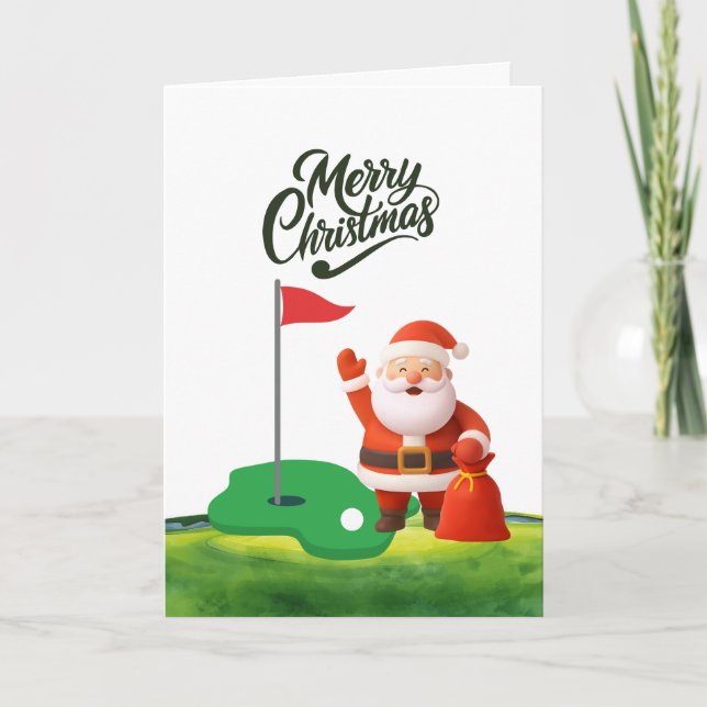 Cartão Natal de Golfe com Papai Noel no campo (Frente)