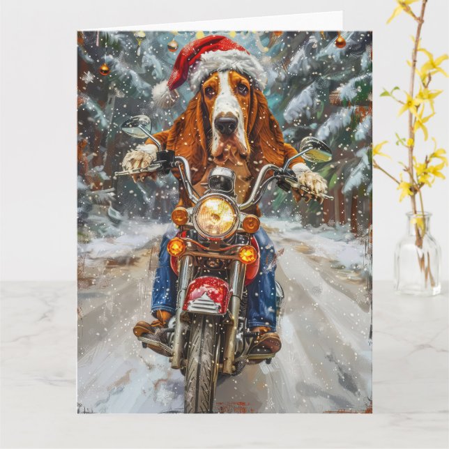 Cartão Natal de Motocicleta de Caça-Caça-Basset (Flor Amarela)