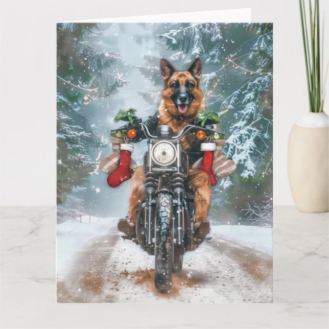 Cartão Natal de Motocicleta german shepherd (Frente)