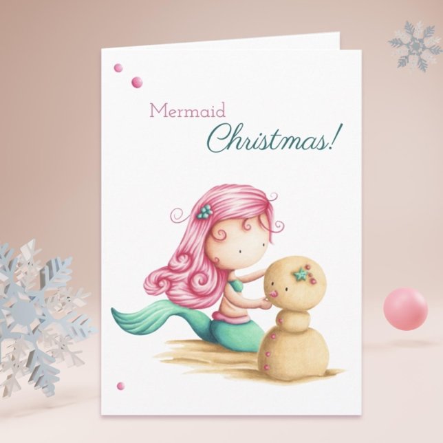 Cartão Natal de sereia no verão na praia (Cute summer mermaid Christmas card by Kinda Cute by Patricia Alvarez)
