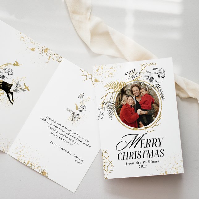 Cartão Natal do Arco Floral Dourado e Preto (Criador carregado)