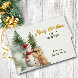 Cartão Natal do ouro Retriever Snowman Amigo