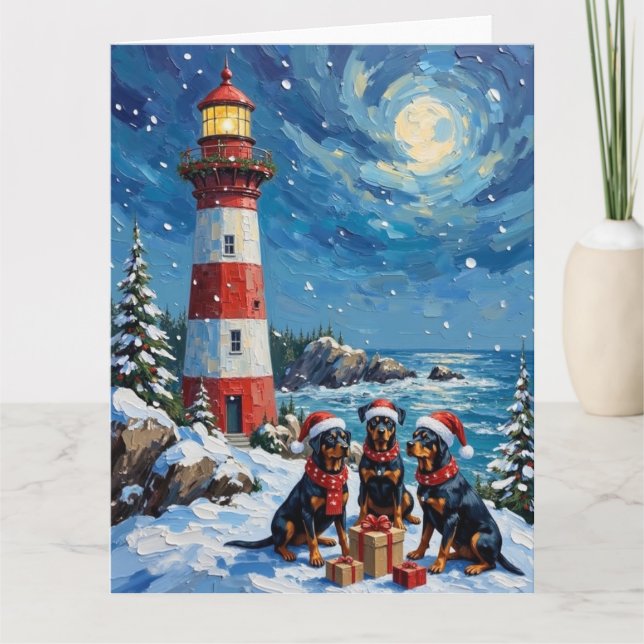 Cartão Natal do Rottweiler Farol de Férias (Frente)